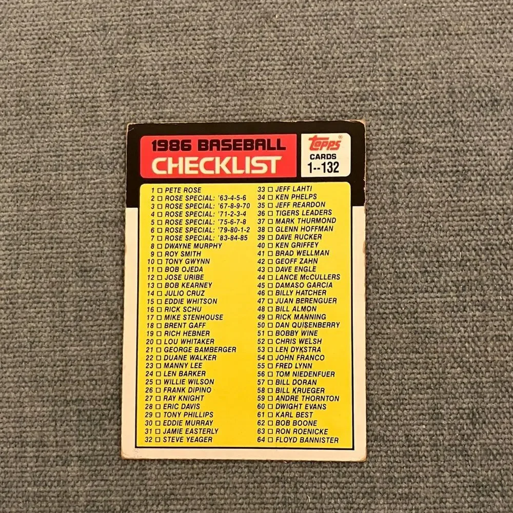 1986 Topps Checklist Baseball Card Trading Card